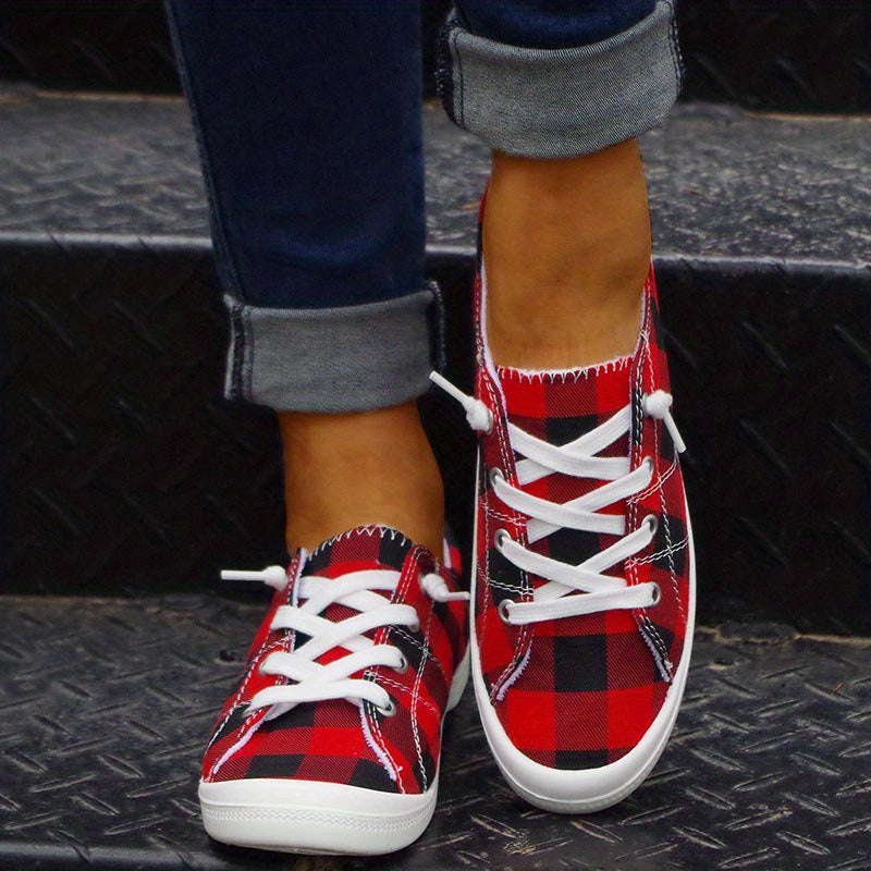 Red Plaid Pattern Canvas Shoes, Casual Flat Sneakers