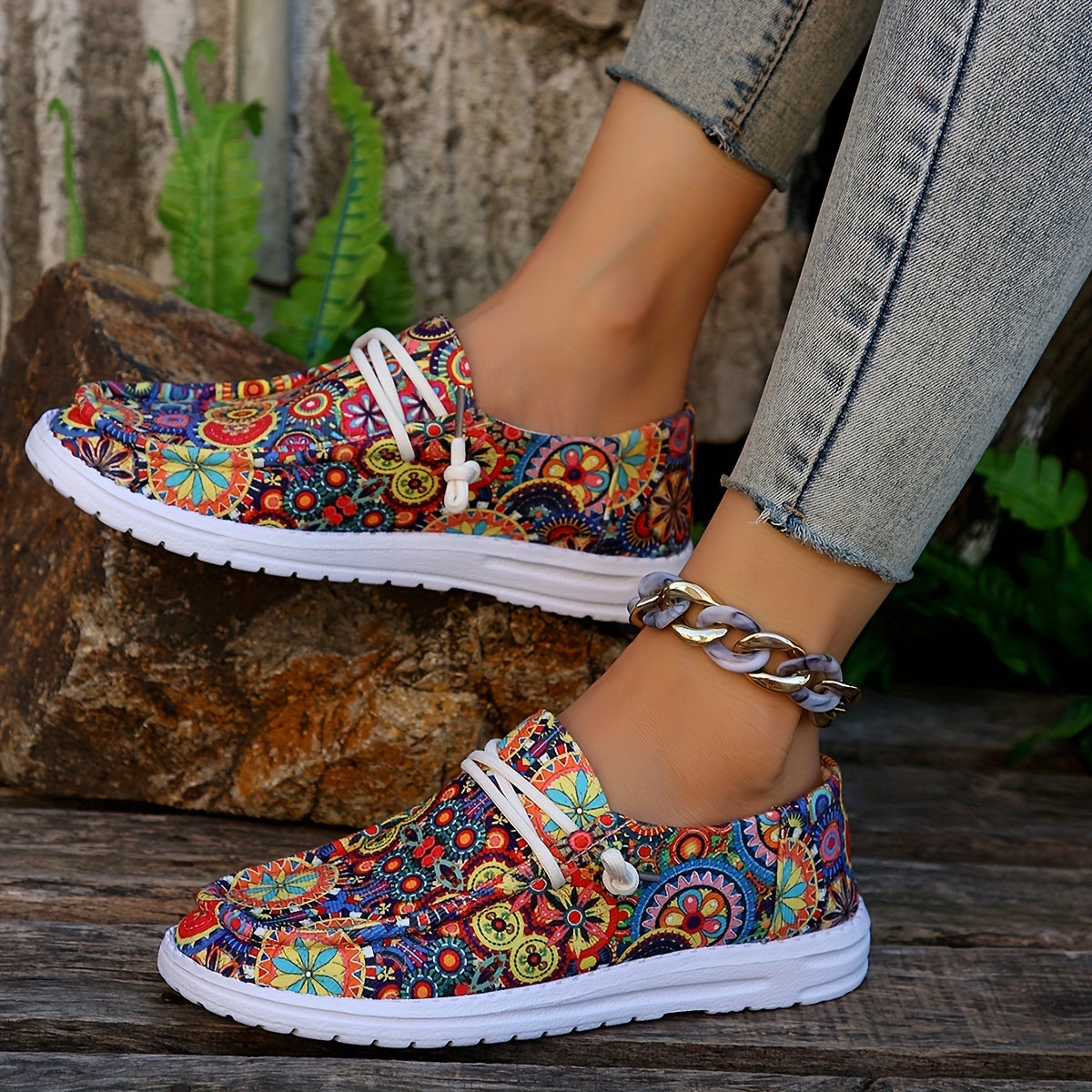 Colorful Pattern Canvas Shoes, Slip On Non-slip Flats